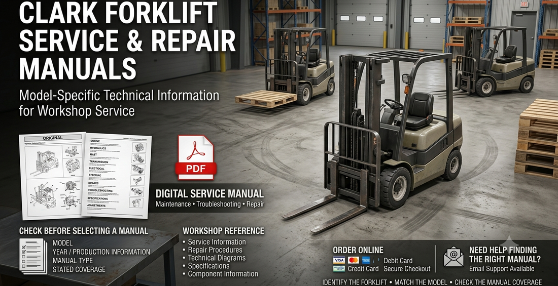 Clark forklift service repair manuals PDF with realistic forklifts, technical manual information, maintenance, troubleshooting, repair procedures, specifications and secure online checkout.