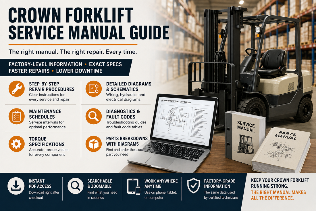 Crown forklift service manual guide with repair procedures, maintenance schedules, wiring diagrams, diagnostics, torque specifications and parts information
