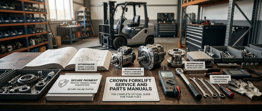 Crown forklift service and parts manuals PDF featuring realistic forklift machinery with technical service information, parts identification, repair procedures and workshop documentation.