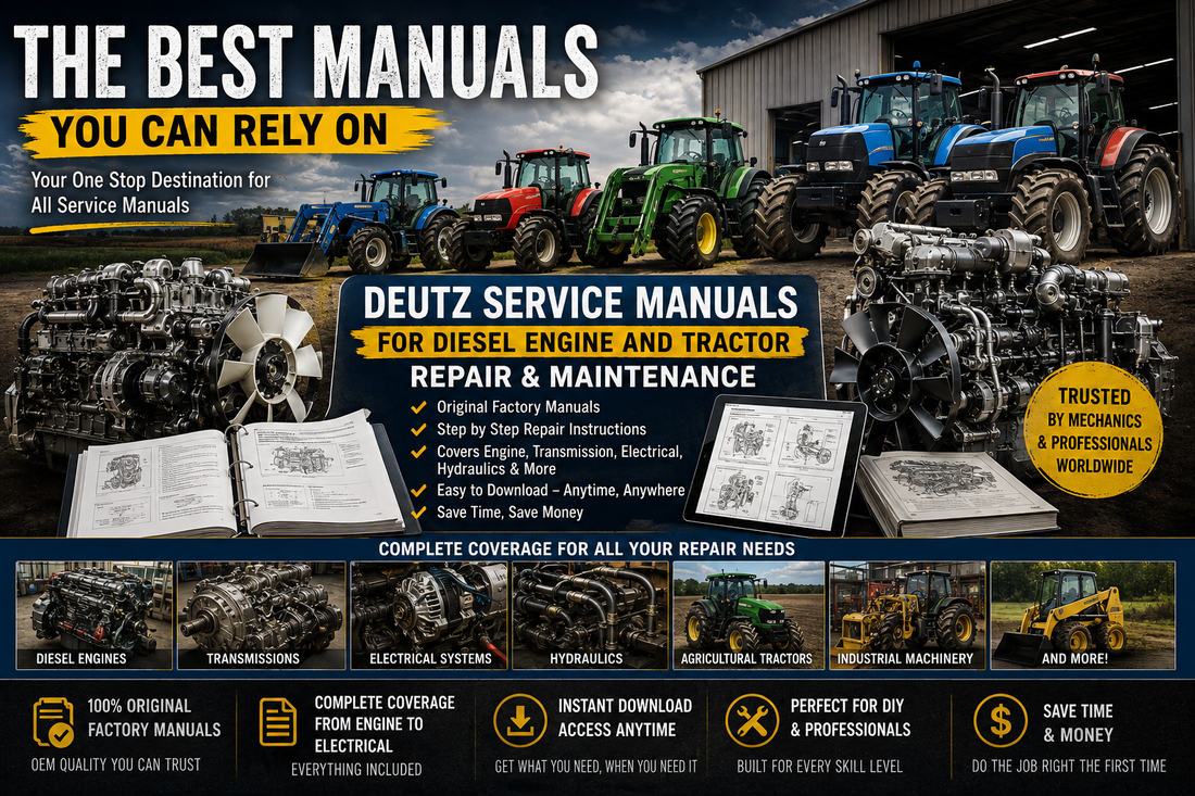 Professional banner featuring multiple diesel engines and tractors promoting Deutz service manuals for diesel engine and tractor repair, maintenance, troubleshooting, and workshop PDF downloads.