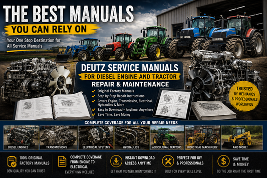 Professional banner featuring multiple diesel engines and tractors promoting Deutz service manuals for diesel engine and tractor repair, maintenance, troubleshooting, and workshop PDF downloads.