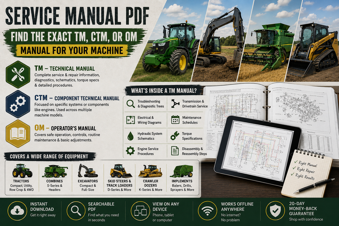 Service manual PDF guide showing TM, CTM and OM manual types with agricultural and construction equipment, technical diagrams, hydraulic schematics and repair procedures