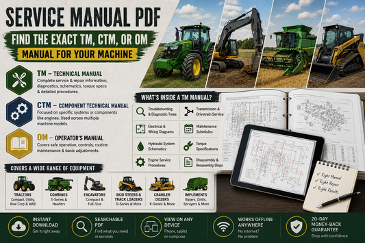 Service manual PDF guide showing TM, CTM and OM manual types with agricultural and construction equipment, technical diagrams, hydraulic schematics and repair procedures