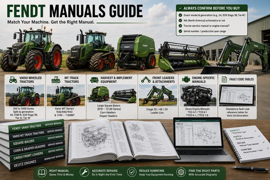 Fendt manuals guide showing Vario wheeled tractors, MT track tractors, balers, headers, front loaders and engine-specific service documentation