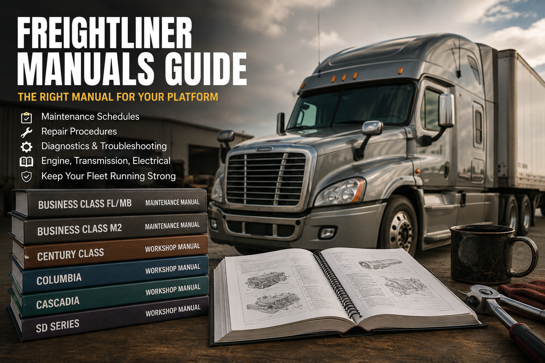 Freightliner truck with model-specific maintenance and workshop manuals for Cascadia, Columbia, M2, Century Class, and SD Series