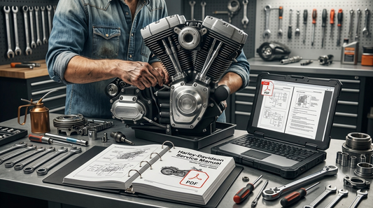 Harley-Davidson workshop manual PDF featuring a realistic motorcycle with technical service, repair, maintenance, troubleshooting, and workshop documentation.