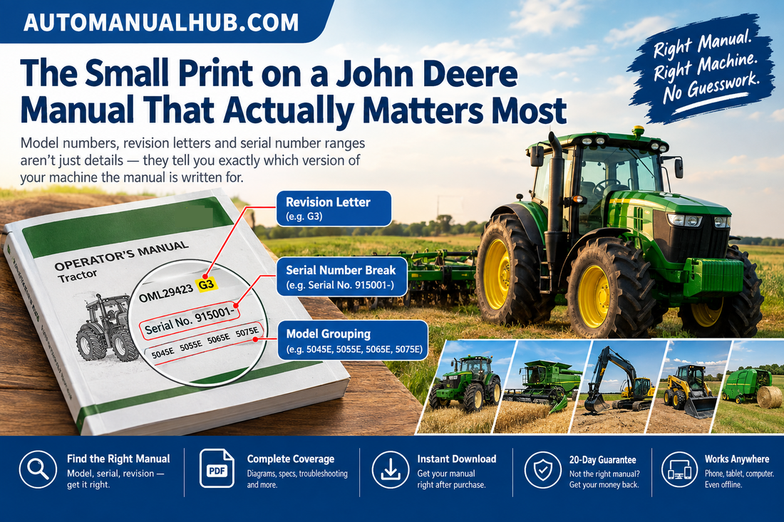 John Deere manual guide showing revision letters, serial number ranges, model groupings, and tractor equipment with AutoManualHub.com branding