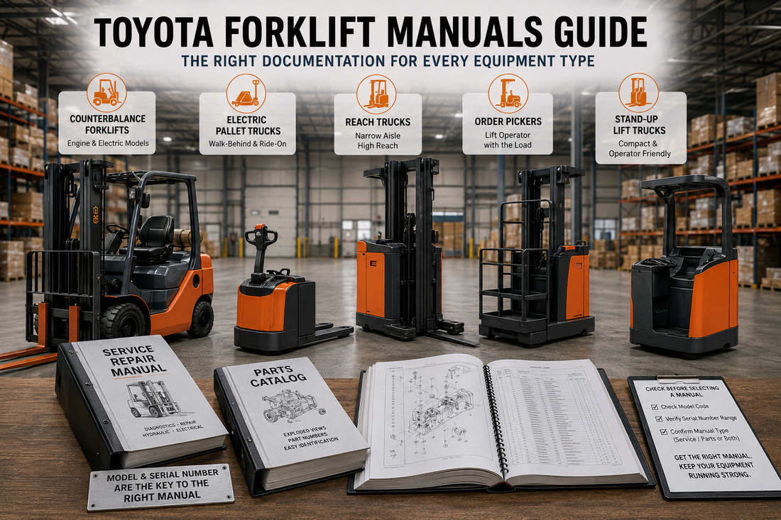 Toyota forklift service repair and parts catalog guide showing counterbalance forklifts, pallet trucks, reach trucks and order pickers in a warehouse