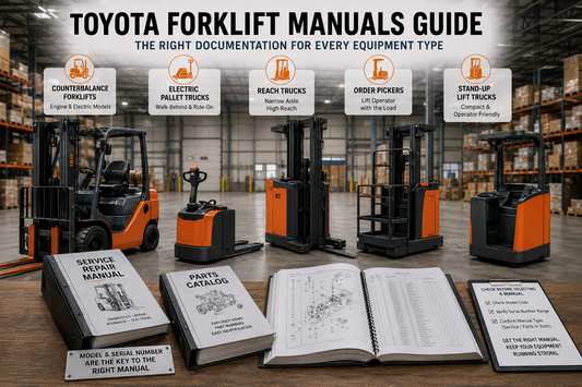 Toyota forklift service repair and parts catalog guide showing counterbalance forklifts, pallet trucks, reach trucks and order pickers in a warehouse