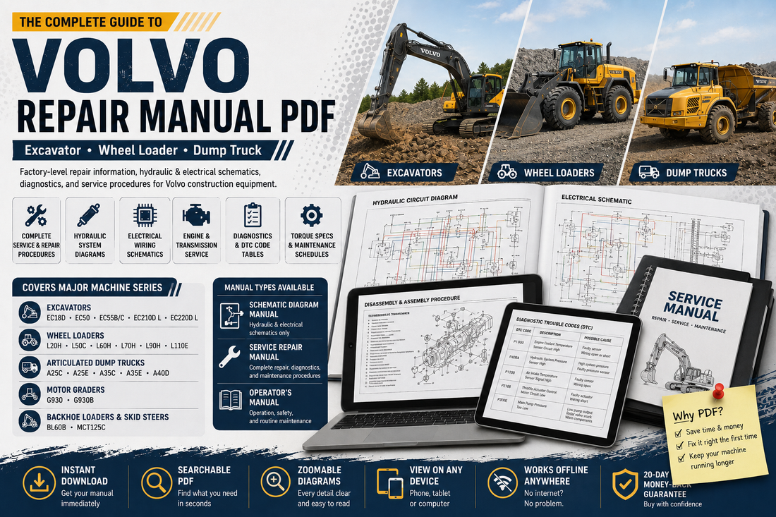 Volvo construction equipment repair manual guide featuring excavators, wheel loaders and dump trucks with hydraulic diagrams, electrical schematics, diagnostic information and service procedures
