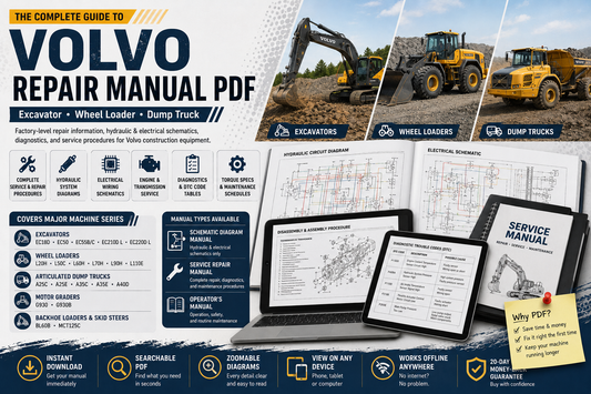 Volvo construction equipment repair manual guide featuring excavators, wheel loaders and dump trucks with hydraulic diagrams, electrical schematics, diagnostic information and service procedures