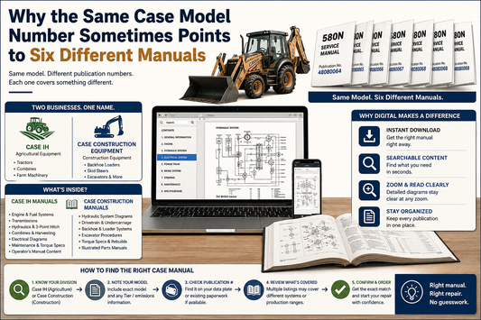 Infographic explaining why the same Case model can have multiple manuals and publication numbers, comparing Case IH agricultural equipment with Case Construction Equipment and showing how to identify the correct manual.