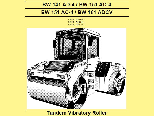 BOMAG BW 141 AD-4, BW 151 AD-4, BW 151 AC-4, BW 161 ADCV TANDEM VIBRATORY ROLLER SERVICE REPAIR MANUAL PDF DOWNLOAD