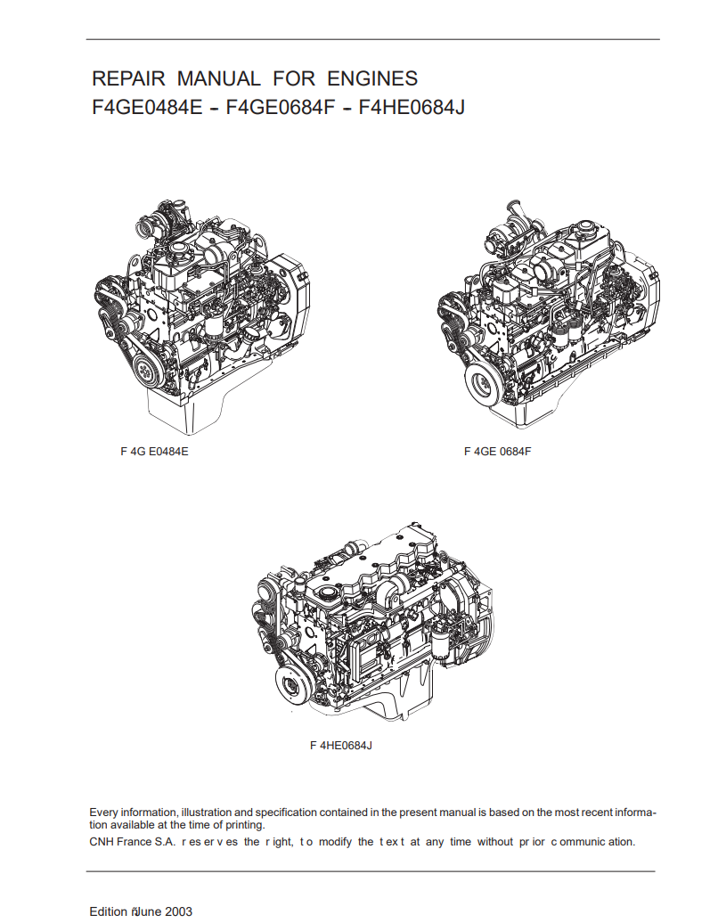 CNH F4GE0484E, F4GE0684F, F4HE0684J Engine Service Repair Manual PDF