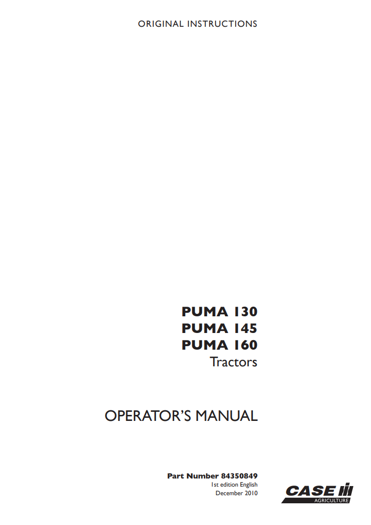 Case IH PUMA 130, PUMA 145, PUMA 160 Tractor Operator’s Manual 84350849 PDF