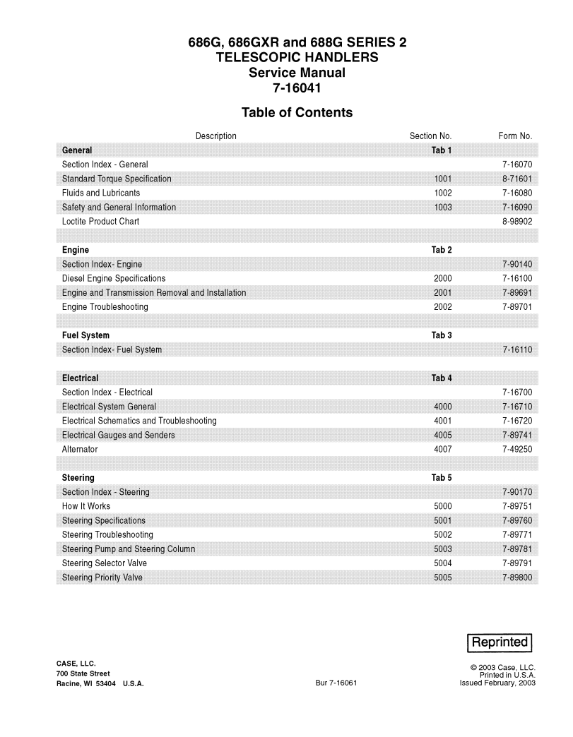Case 686G, 686GXR and 688G Series 2 Telescopic Handler Service Repair Manual 7-16041 PDF