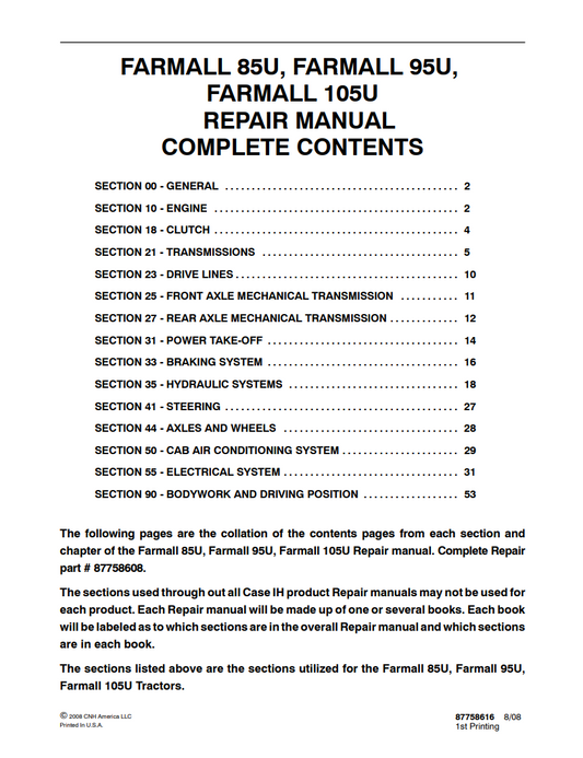 Case IH Farmall 85U, Farmall 95U, Farmall 105U Tractor Service Repair Manual 87758616 PDF