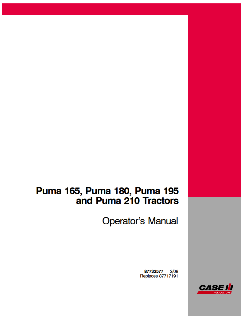 Case IH Puma 165, Puma 180, Puma 195 & Puma 210 Tractor Operator’s Manual PDF