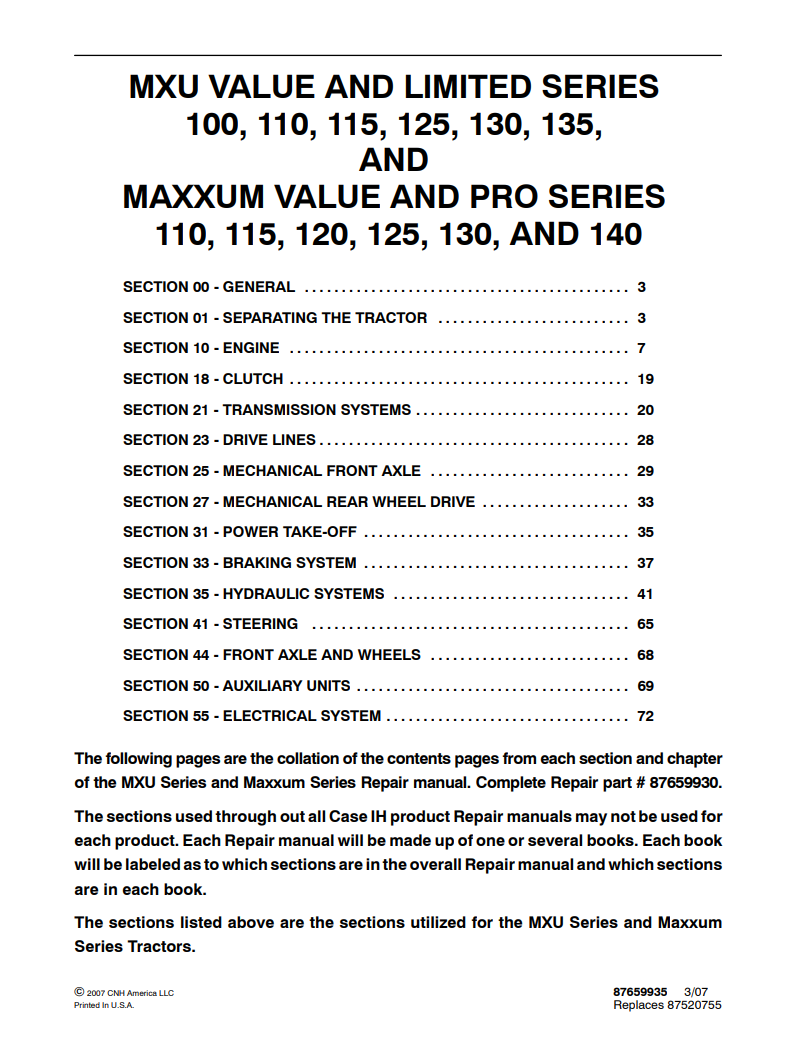 Case IH MXU VALUE & LIMITED SERIES 100, 110, 115, 125, 130, 135 & MAXXUM VALUE & PRO SERIES 110, 115, 120, 125, 130, 140 Tractor Service Repair Manual PDF