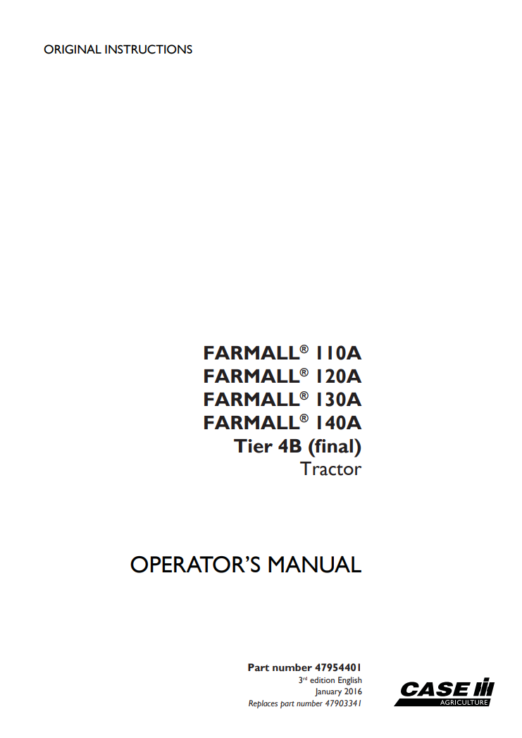 Case IH FARMALL 110A, FARMALL 120A, FARMALL 130A, FARMALL 140A Tier 4B Tractor Operator’s Manual PDF