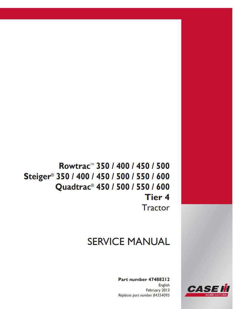 Case IH Rowtrac 350, 400, 450, 500 Steiger 350, 400, 450, 500, 550 Quadtrac 450, 500, 550, 600 Tier 4 Tractor Service Repair Manual 47488212 PDF