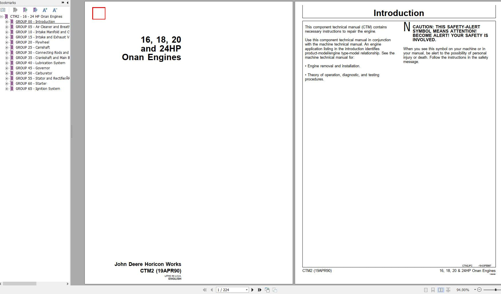 John Deere CTM2 16, 18, 20, 24 HP Onan Engine Service Repair Manual - PDF