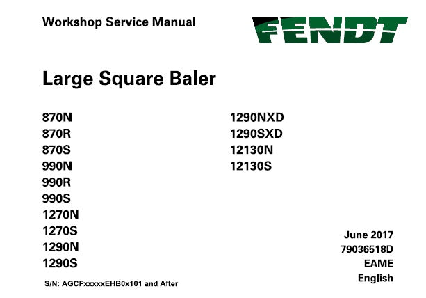 FENDT 870, 990, 1270, 1290, 1290XD, 12130 LARGE SQUARE BALER SERVICE REPAIR MANUAL PDF DOWNLOAD