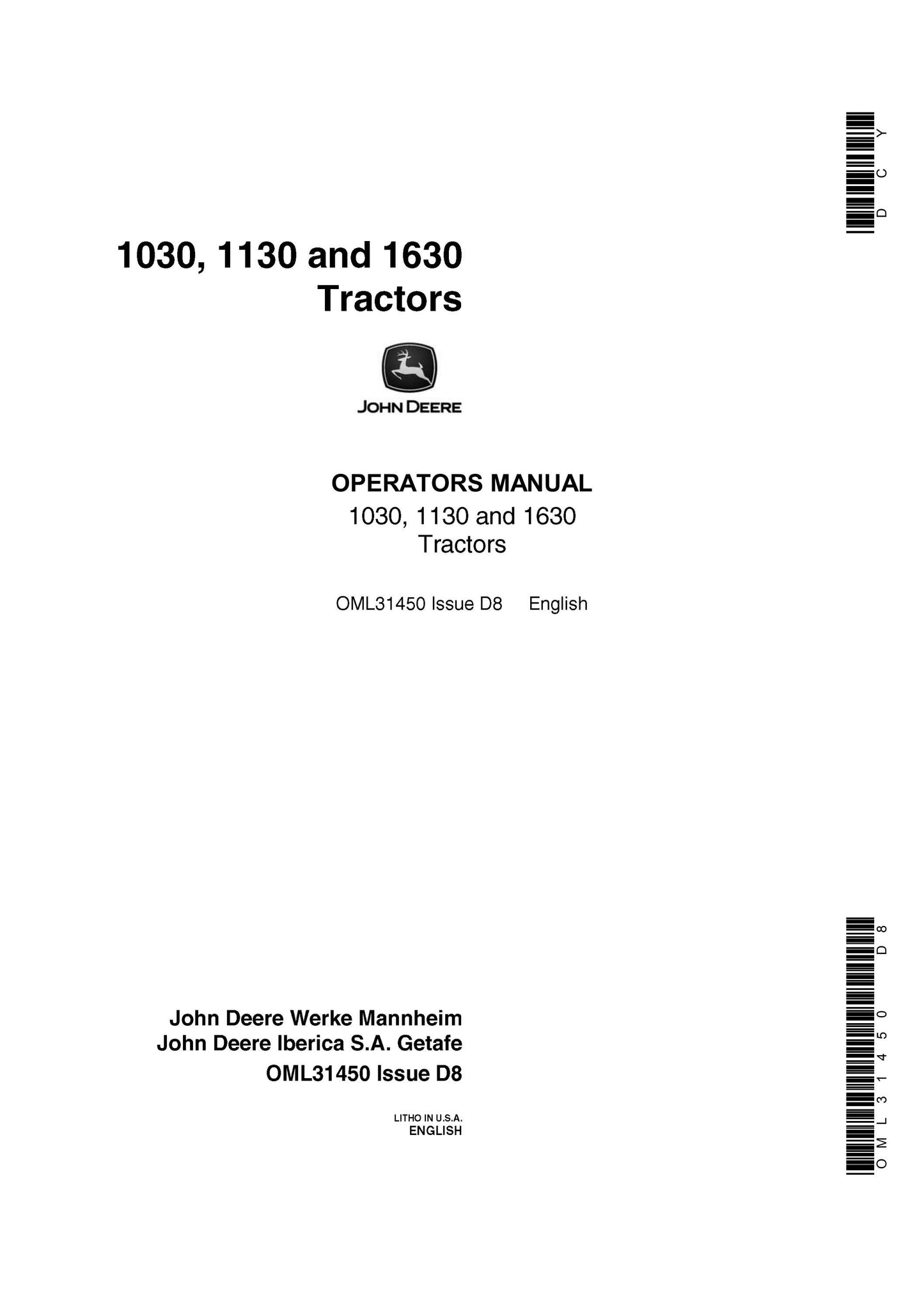 John Deere 1030, 1130, 1630 Tractor Operator’s Manual