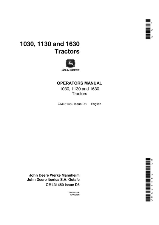 John Deere 1030, 1130, 1630 Tractor Operator’s Manual