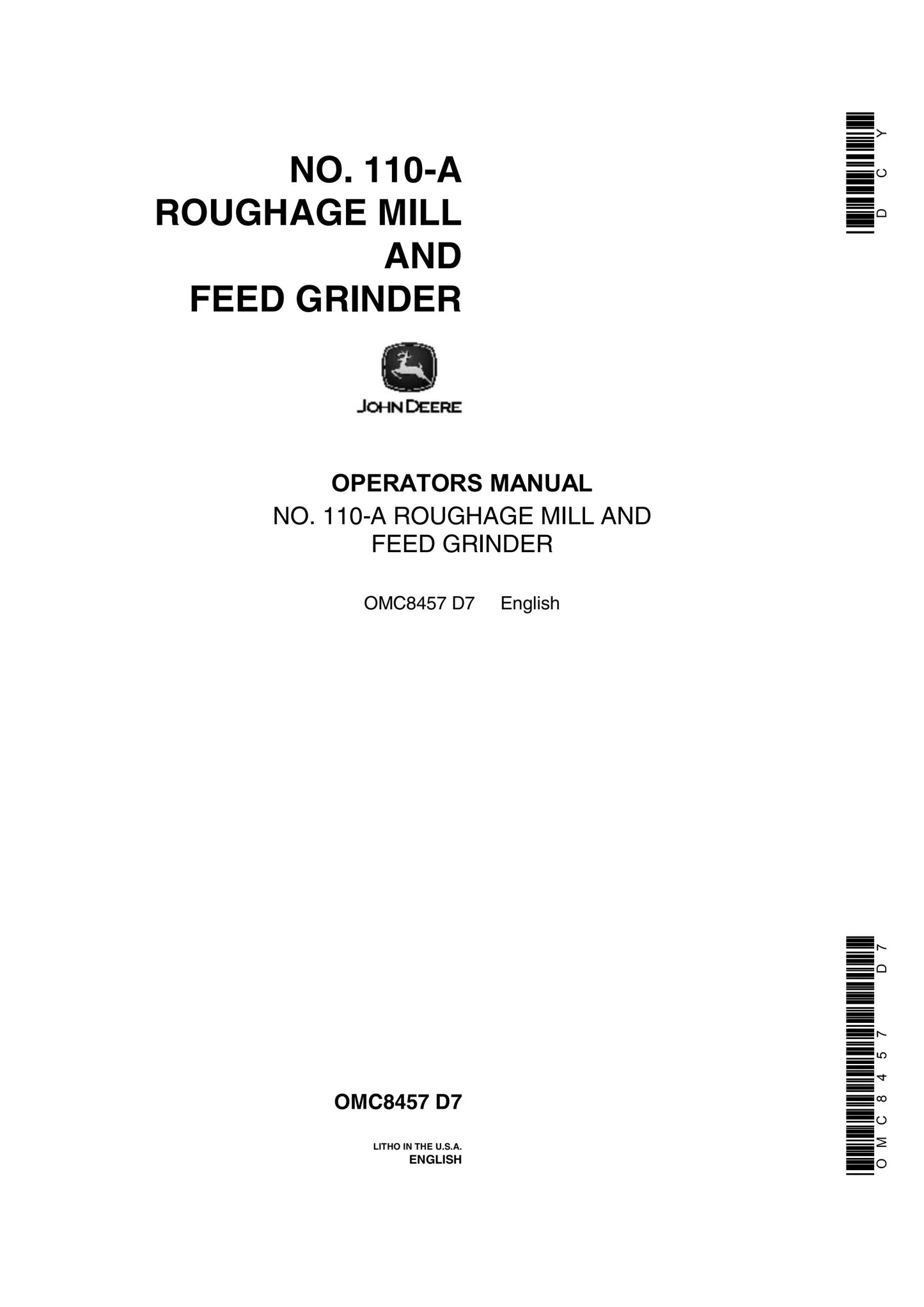 John Deere 110A Roughage Mill And Feed Grinder Operator's Manual 