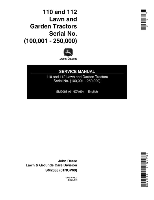 John Deere 110 and 112 LAWN GARDEN TRACTOR Technical Service Repair Manual SM2088 - PDF