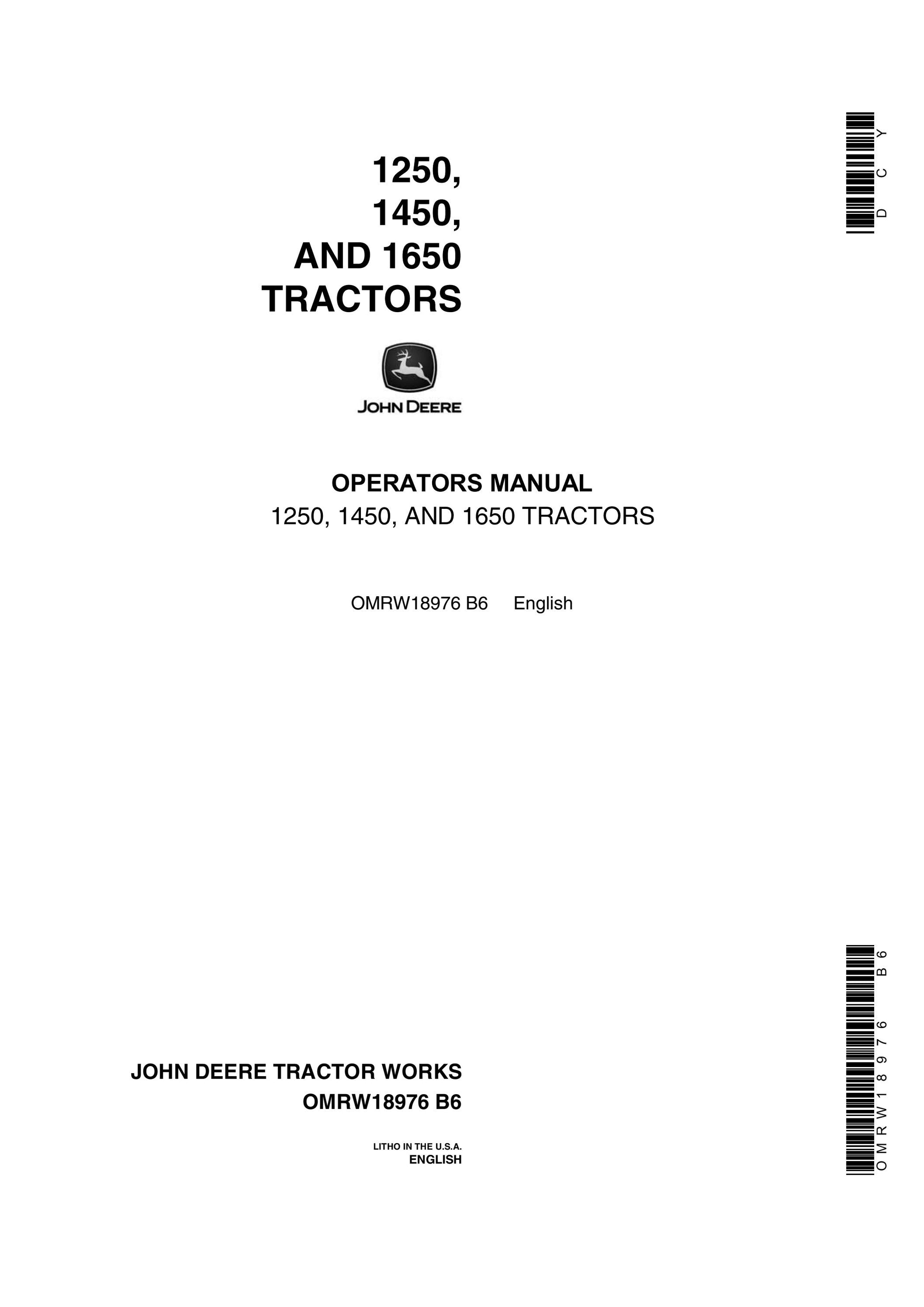 John Deere 1250, 1450, 1650 Tractor Operator’s Manual OMRW18976 B6 - PDF