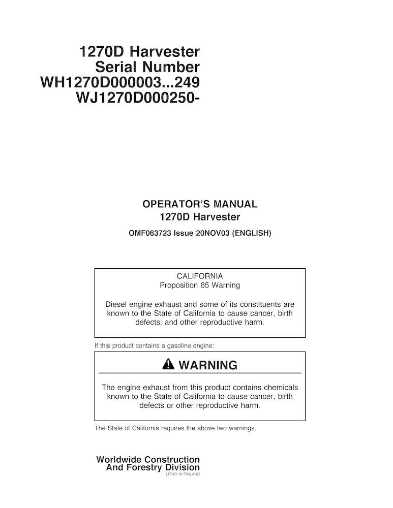 John Deere 1270D Harvester (SN WH1270D000003- ) Operator’s Manual 