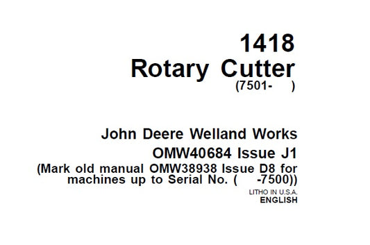 John Deere 1418 Rotary Cutter (SN 7501 and up) Operator’s Manual OMW40684 - PDF