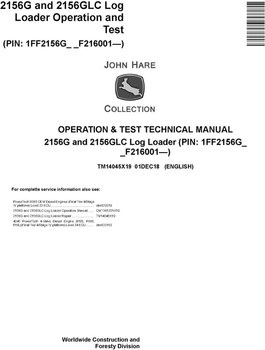 John Deere 2156G, 2156GLC Log Loader Operation & Diagnostic Test Technical Manual TM14045X19 - PDF