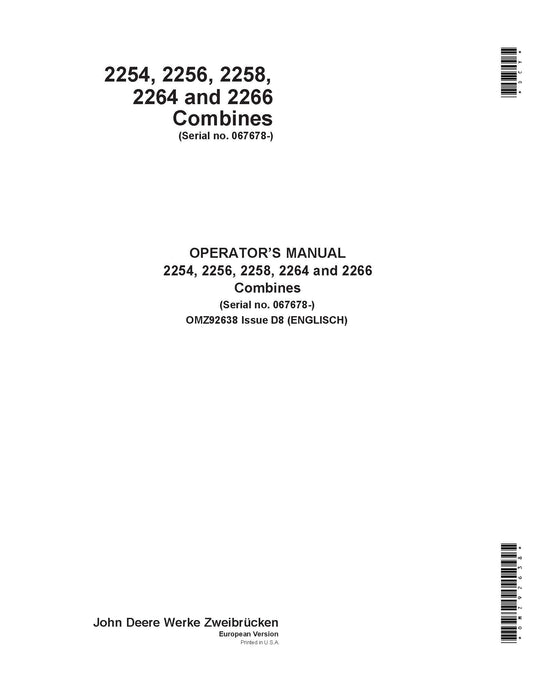 John Deere 2254, 2256, 2258, 2264, 2266 Combine Operator’s Manual 