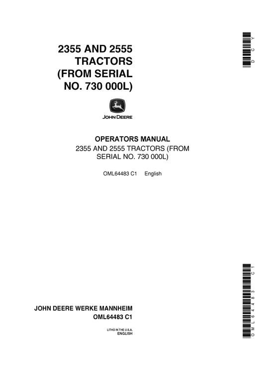John Deere 2355, 2555 Tractor Operator's Manual OML64483 - PDF
