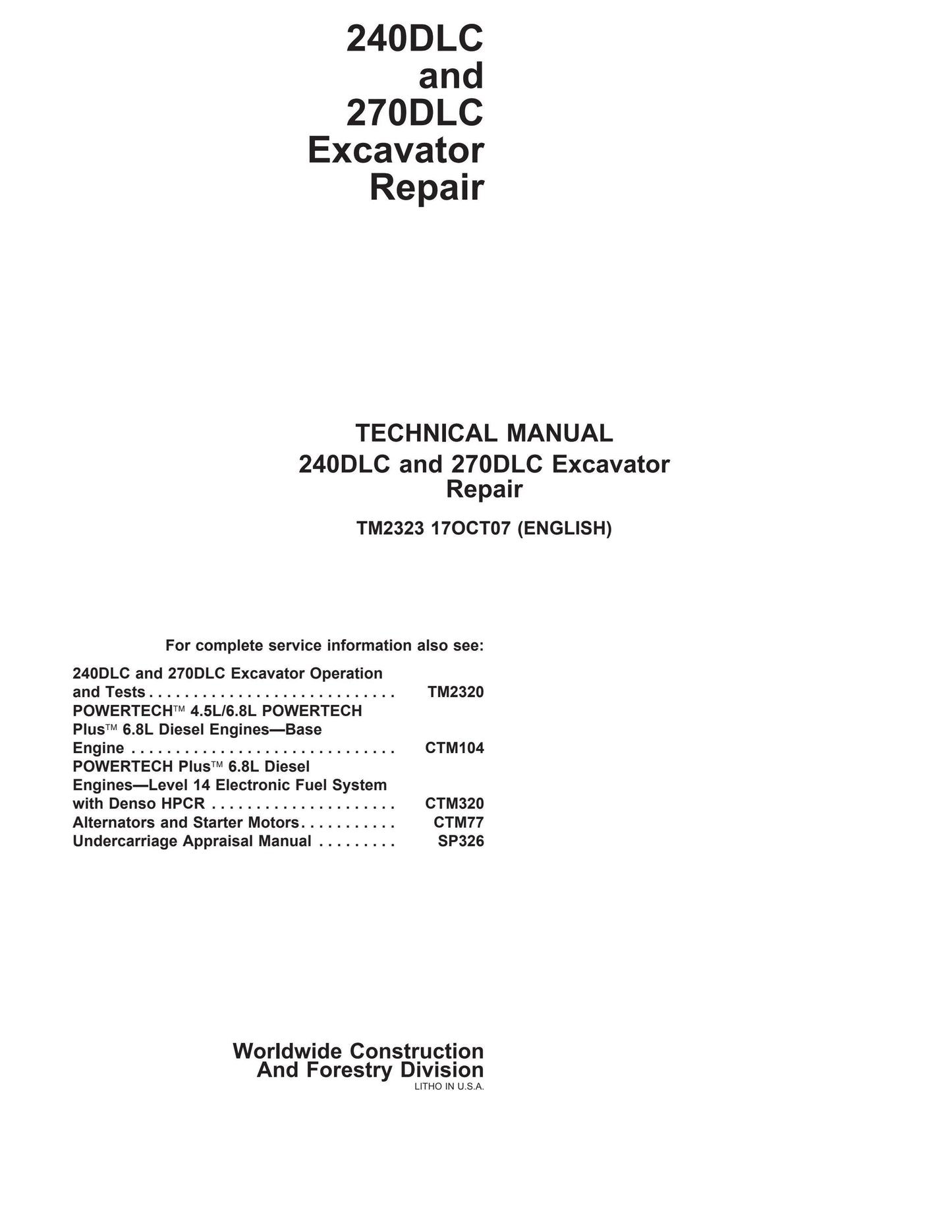 John Deere 240D LC and 270D LC Excavator Technical Service Repair Manual TM2323 - PDF