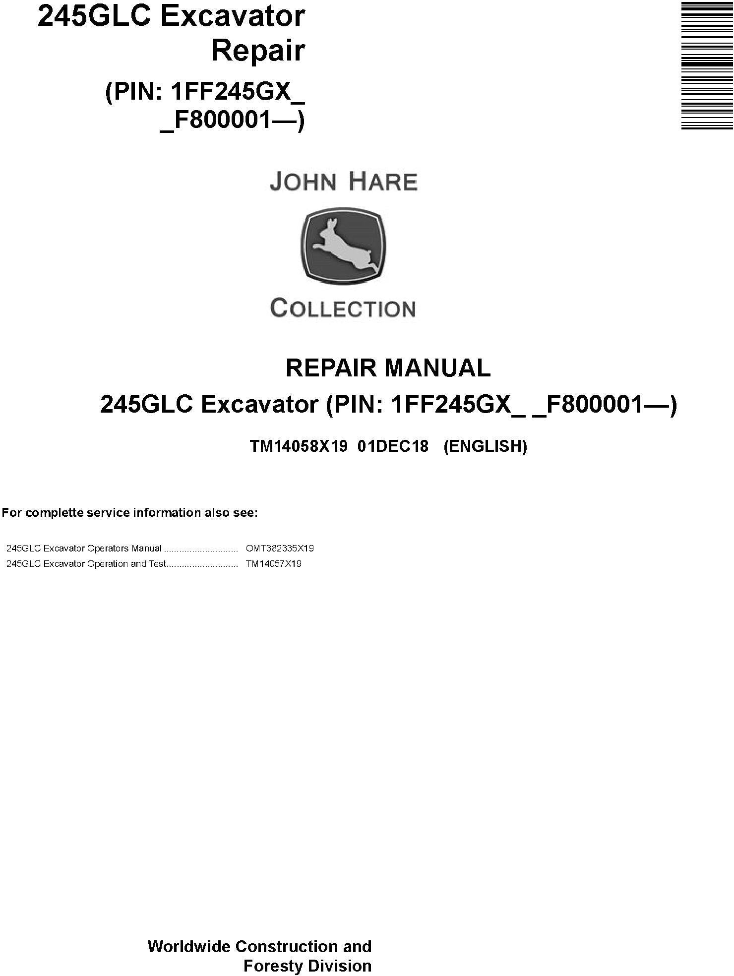 John Deere 245GLC Excavator Technical Service Repair Manual TM14058X19 - PDF