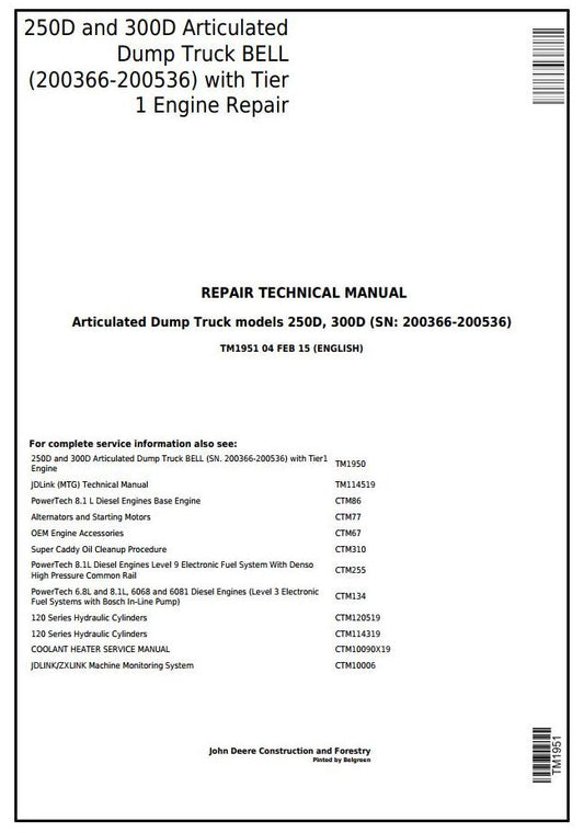 John Deere 250D, 300D Articulated Dump Truck Technical Service Repair Manual 