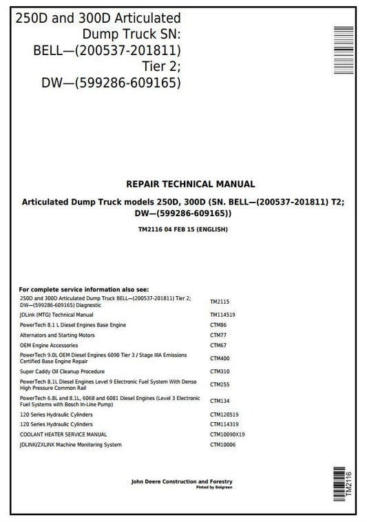 John Deere 250D and 300D Articulated Dump Truck BELL, DW Repair Technical Service Repair Manual 