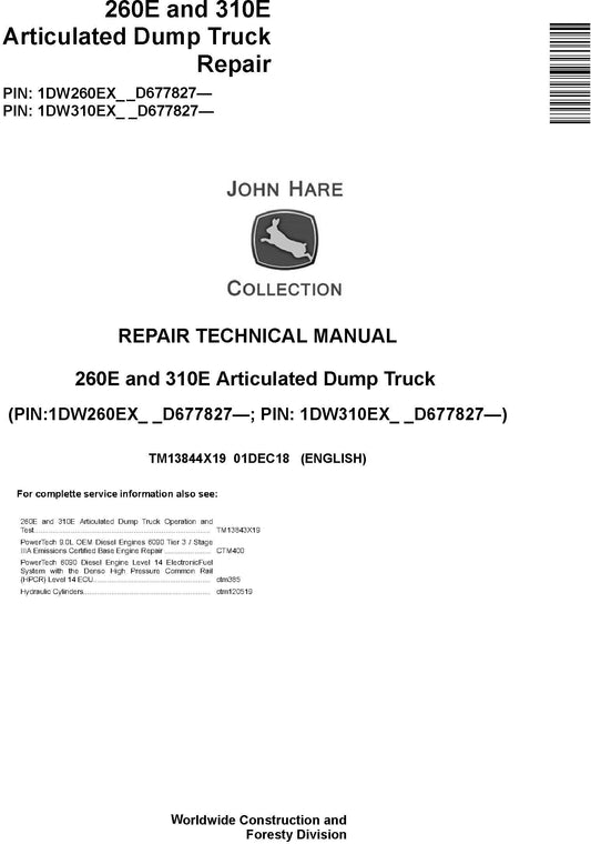 John Deere 260E, 310E Articulated Dump Truck Technical Service Repair Manual TM13844X19 - PDF