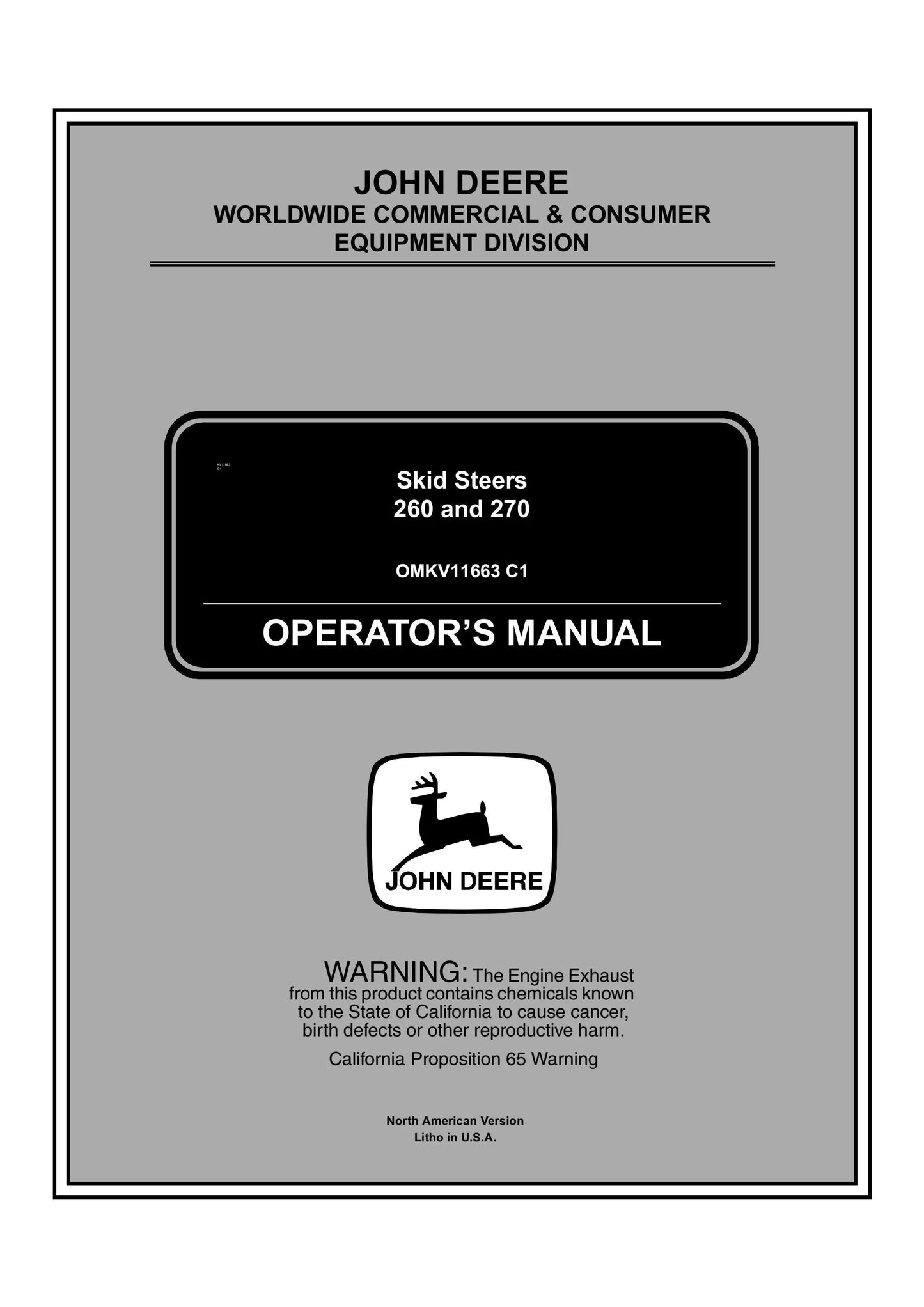 John Deere 260 and 270 Skid Steers Operator’s Manual OMKV11663 - PDF
