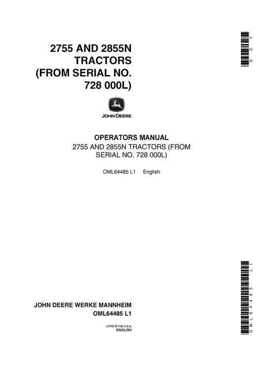 John Deere 2755, 2855N Tractor Operator’s Manual 