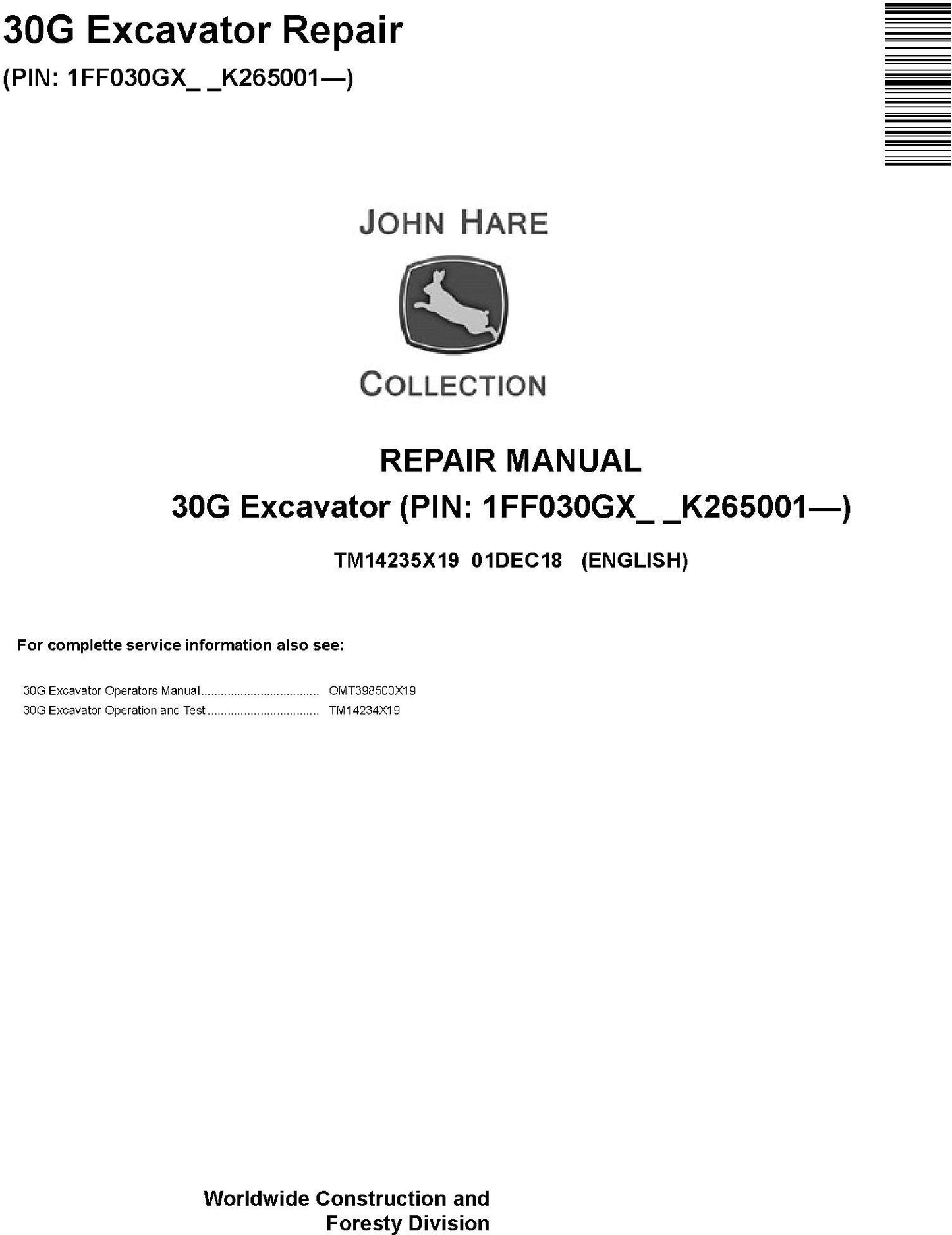 John Deere 30G Excavator Technical Service Repair Manual TM14235X19 - PDF