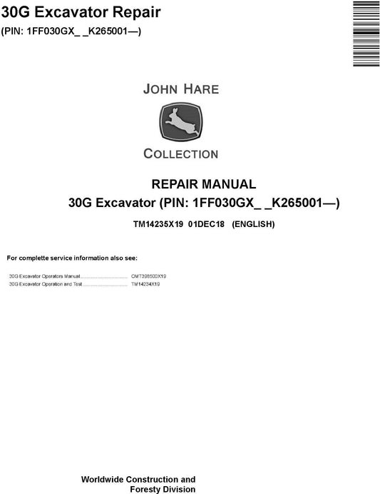 John Deere 30G Excavator Technical Service Repair Manual TM14235X19 - PDF