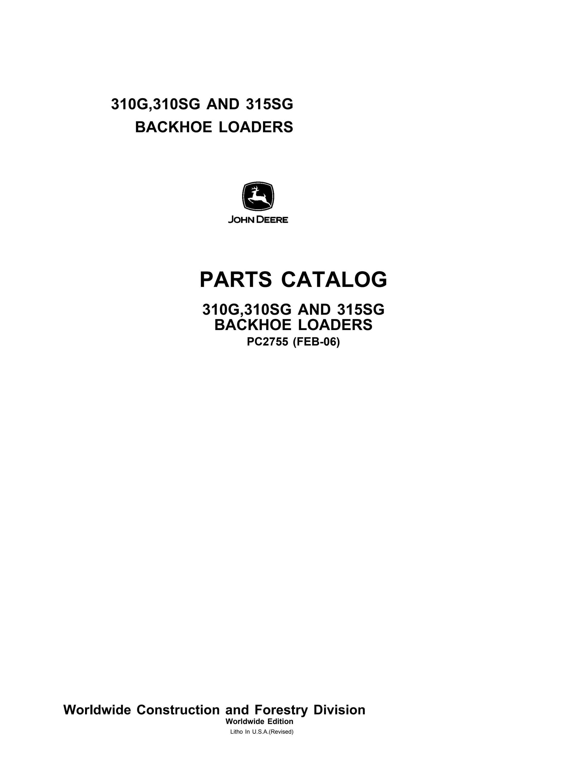 John Deere 310G, 310SG and 315SG Backhoe Loaders Parts Catalog Manual 