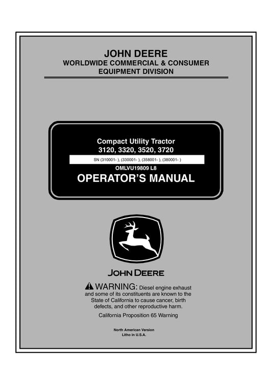 John Deere 3120, 3320, 3520, 3720 Compact Utility Tractor Operator’s Manual   