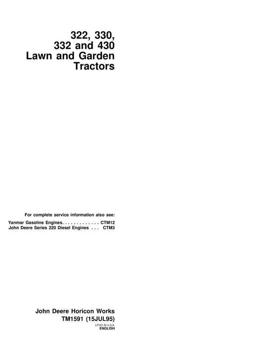 John Deere 322 330 332 430 Lawn Garden Tractor Service Repair Manual TM1591 - PDF