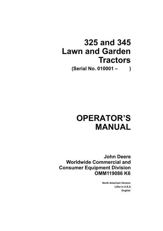 John Deere 325, 345 lawn And Garden Tractor (010001) Operator's Manual OMM119086 - PDF